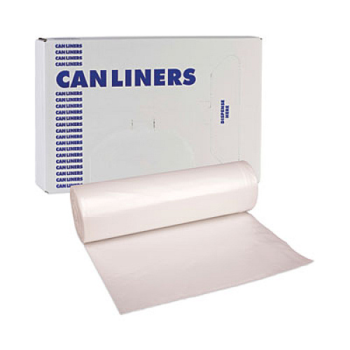 Boardwalk High-Density Can Liners, 60 gal, 14 mic, 38" x 58", Natural, Perforated Roll, 25 Bags/Roll, 8 Rolls/Carton (386016)