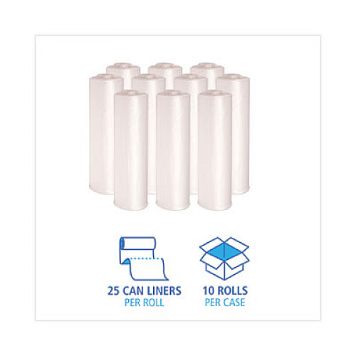 Boardwalk High-Density Can Liners, 45 gal, 10 mic, 40" x 46", Natural, Perforated Roll, 25 Bags/Roll, 10 Rolls/Carton (404612)