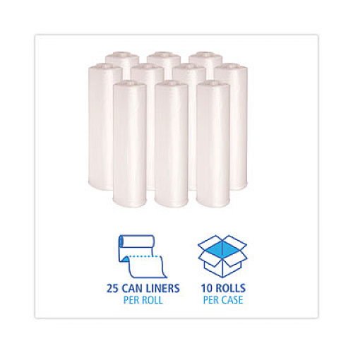 Boardwalk High-Density Can Liners, 45 gal, 13 mic, 40" x 46", Natural, Perforated Roll, 25 Bags/Roll, 10 Rolls/Carton (404616)