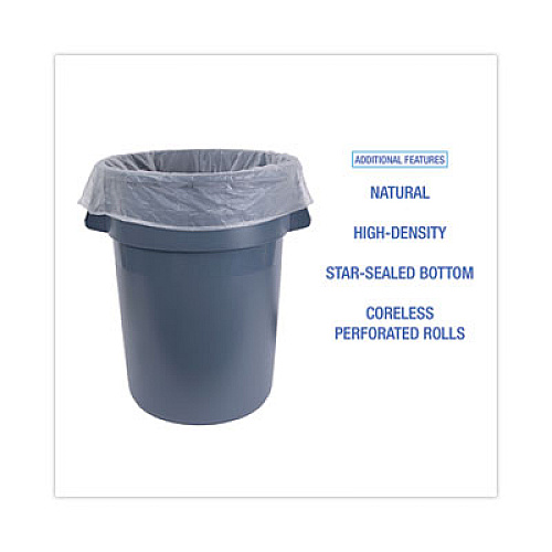 Boardwalk High-Density Can Liners, 45 gal, 13 mic, 40" x 46", Natural, Perforated Roll, 25 Bags/Roll, 10 Rolls/Carton (404616)