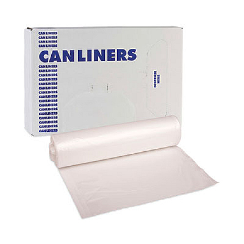 Boardwalk High-Density Can Liners, 45 gal, 13 mic, 40" x 46", Natural, Perforated Roll, 25 Bags/Roll, 10 Rolls/Carton (404616)