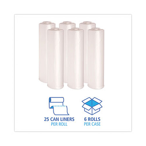 Boardwalk High-Density Can Liners, 45 gal, 19 mic, 40" x 46", Natural, Perforated Roll, 25 Bags/Roll, 6 Rolls/Carton (404622)