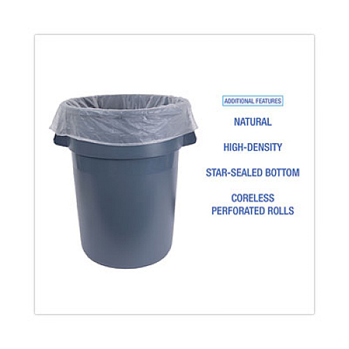Boardwalk High-Density Can Liners, 45 gal, 19 mic, 40" x 46", Natural, Perforated Roll, 25 Bags/Roll, 6 Rolls/Carton (404622)