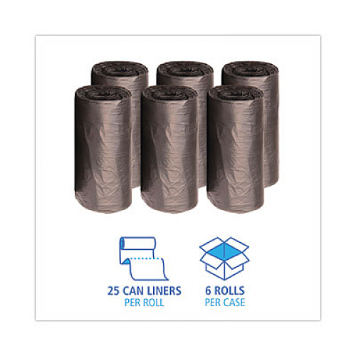 Boardwalk High-Density Can Liners, 45 gal, 19 mic, 40" x 46", Black, Perforated Roll, 25 Bags/Roll, 6 Rolls/Carton (404622BLK)