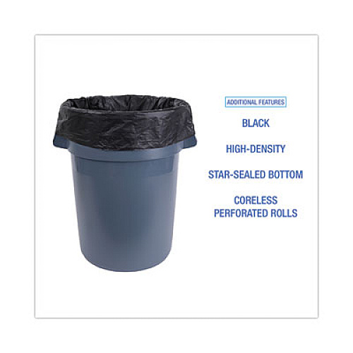 Boardwalk High-Density Can Liners, 45 gal, 19 mic, 40" x 46", Black, Perforated Roll, 25 Bags/Roll, 6 Rolls/Carton (404622BLK)