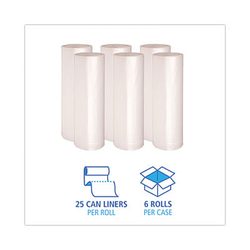Boardwalk High-Density Can Liners, 56 gal, 19 mic, 43" x 47", Natural, Perforated Roll, 25 Bags/Roll, 6 Rolls/Carton (434722)