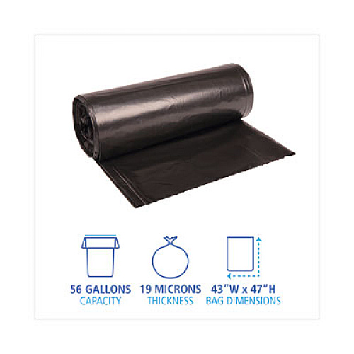 Boardwalk High-Density Can Liners, 56 gal, 19 mic, 43" x 47", Black, Perforated Roll, 25 Bags/Roll, 6 Rolls/Carton (434722BLK)