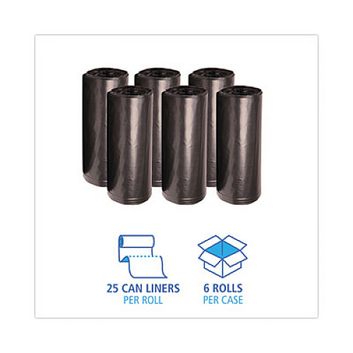 Boardwalk High-Density Can Liners, 56 gal, 19 mic, 43" x 47", Black, Perforated Roll, 25 Bags/Roll, 6 Rolls/Carton (434722BLK)