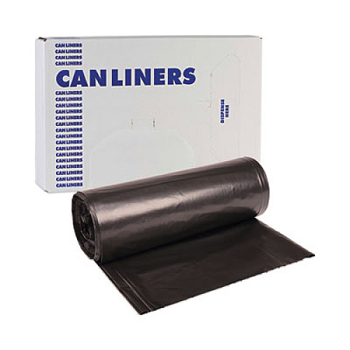 Boardwalk High-Density Can Liners, 56 gal, 19 mic, 43" x 47", Black, Perforated Roll, 25 Bags/Roll, 6 Rolls/Carton (434722BLK)