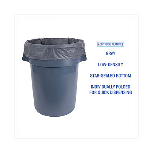 Boardwalk Linear Low Density Industrial Can Liners, 60 gal, 1.3 mil, 38" x 58", Gray, Flat Pack, 100/Carton (G3858G)