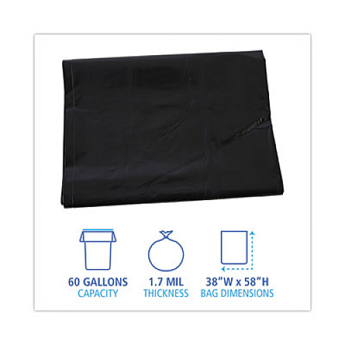Boardwalk Linear Low Density Industrial Can Liners, 60 gal, 1.7 mil, 38" x 58", Black, Flat Pack, 100/Carton (G3858HBL)