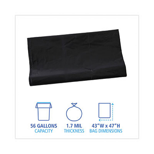 Boardwalk Linear Low Density Industrial Can Liners, 56 gal, 1.7 mil, 43" x 47", Black, Flat Pack, 100/Carton (G4347HBL)