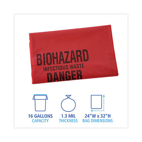 Boardwalk Linear Low Density Health Care Trash Can Liners, 16 gal, 1.3 mil, 24" x 32", Red, Flat Pack, 250/Carton (IW2432R)