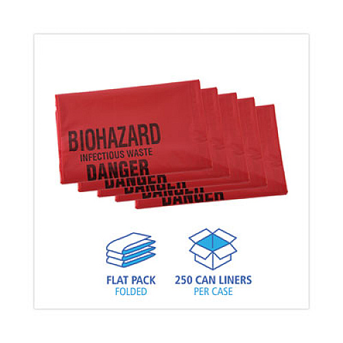 Boardwalk Linear Low Density Health Care Trash Can Liners, 16 gal, 1.3 mil, 24" x 32", Red, Flat Pack, 250/Carton (IW2432R)