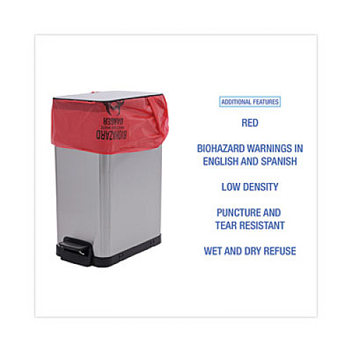 Boardwalk Linear Low Density Health Care Trash Can Liners, 16 gal, 1.3 mil, 24" x 32", Red, Flat Pack, 250/Carton (IW2432R)