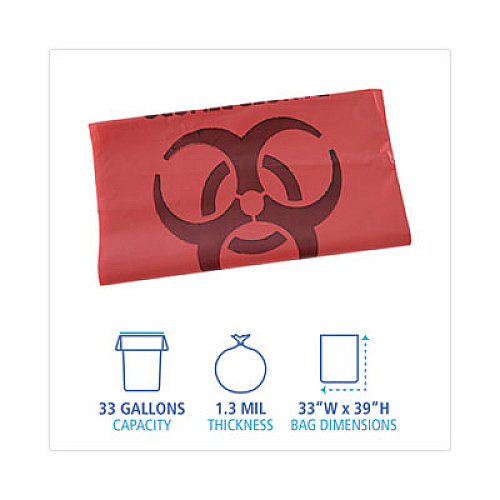 Boardwalk Linear Low Density Health Care Trash Can Liners, 33 gal, 1.3 mil, 33" x 39", Red, Flat Pack, 150/Carton (IW3339R)