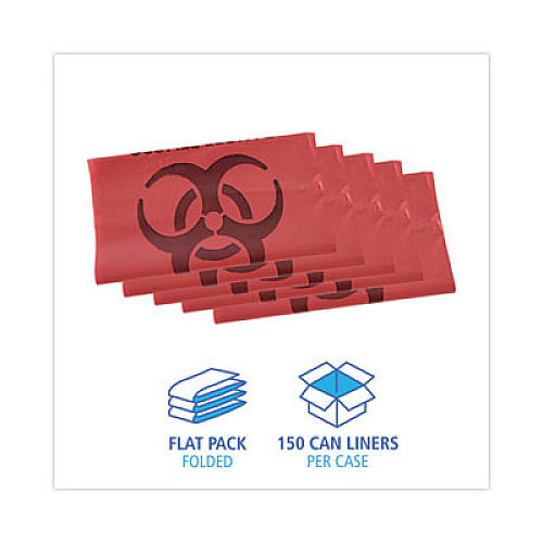 Boardwalk Linear Low Density Health Care Trash Can Liners, 33 gal, 1.3 mil, 33" x 39", Red, Flat Pack, 150/Carton (IW3339R)