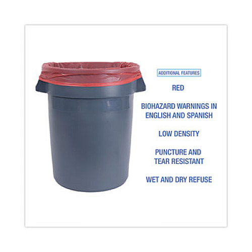 Boardwalk Linear Low Density Health Care Trash Can Liners, 33 gal, 1.3 mil, 33" x 39", Red, Flat Pack, 150/Carton (IW3339R)
