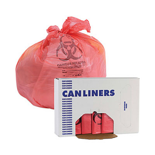 Boardwalk Linear Low Density Health Care Trash Can Liners, 33 gal, 1.3 mil, 33" x 39", Red, Flat Pack, 150/Carton (IW3339R)