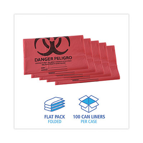 Boardwalk Linear Low Density Health Care Trash Can Liners, 45 gal, 1.3 mil, 40" x 46", Red, Flat Pack, 100/Carton (IW4046R)