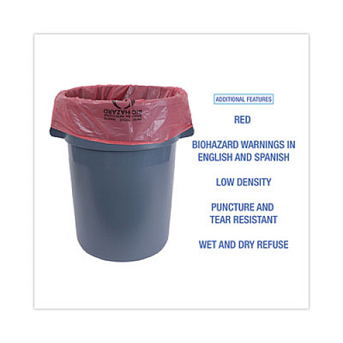 Boardwalk Linear Low Density Health Care Trash Can Liners, 45 gal, 1.3 mil, 40" x 46", Red, Flat Pack, 100/Carton (IW4046R)