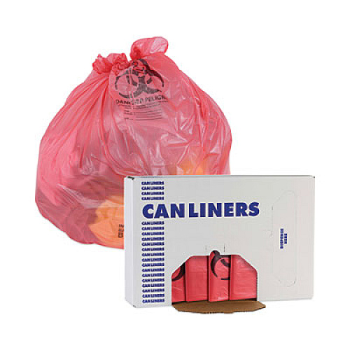 Boardwalk Linear Low Density Health Care Trash Can Liners, 45 gal, 1.3 mil, 40" x 46", Red, Flat Pack, 100/Carton (IW4046R)