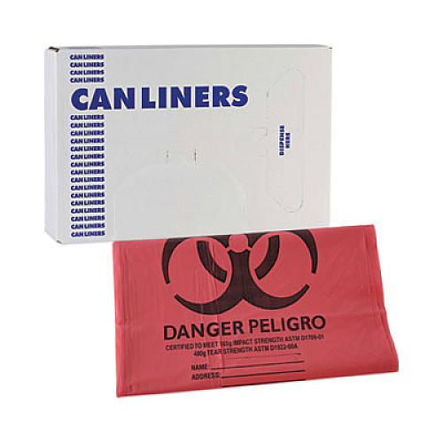 Boardwalk Linear Low Density Health Care Trash Can Liners, 45 gal, 1.3 mil, 40" x 46", Red, Flat Pack, 100/Carton (IW4046R)