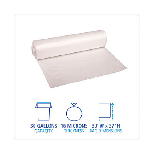 Boardwalk High Density Industrial Can Liners Coreless Rolls, 30 gal, 16 mic, 30" x 37", Natural, Perforated, 25 Bags/Roll, 20 Rolls/CT (RH3037S)