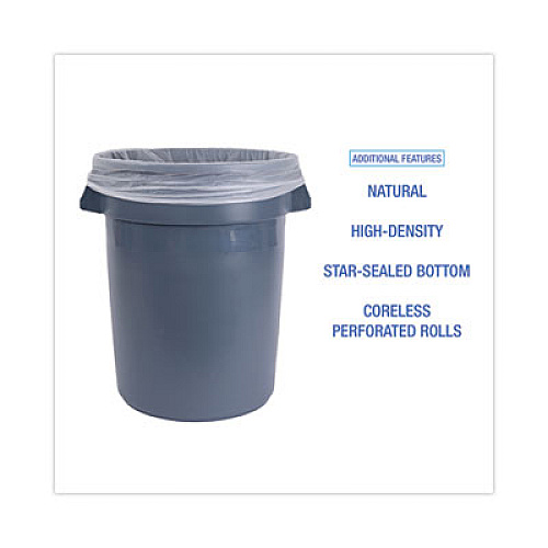 Boardwalk High Density Industrial Can Liners Coreless Rolls, 30 gal, 16 mic, 30" x 37", Natural, Perforated, 25 Bags/Roll, 20 Rolls/CT (RH3037S)