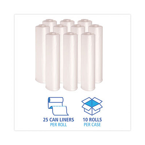 Boardwalk High Density Industrial Can Liners Coreless Rolls, 33 gal, 16 mic, 33" x 40", Natural, Perforated, 25 Bags/Roll, 10 Rolls/CT (RH3340S)