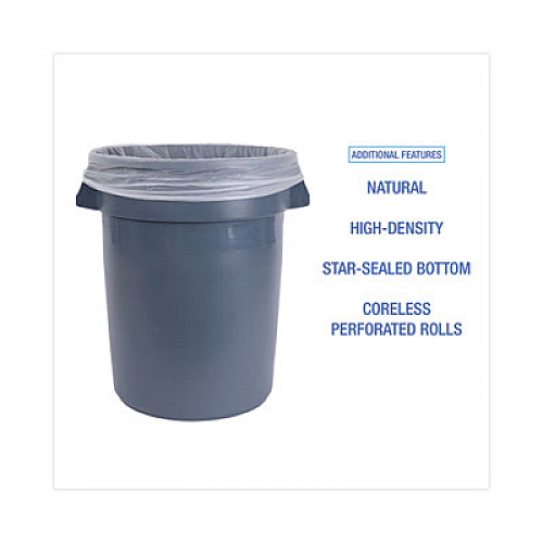 Boardwalk High Density Industrial Can Liners Coreless Rolls, 33 gal, 16 mic, 33" x 40", Natural, Perforated, 25 Bags/Roll, 10 Rolls/CT (RH3340S)
