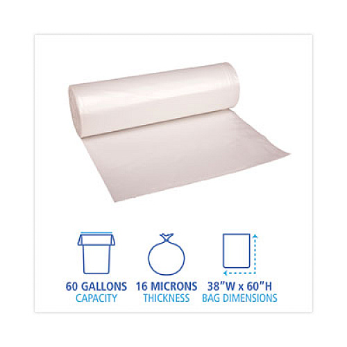 Boardwalk High Density Industrial Can Liners Coreless Rolls, 60 gal, 16 mic, 38" x 60", Natural, Perforated, 25 Bags/Roll, 8 Rolls/CT (RH3860S)