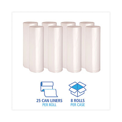 Boardwalk High Density Industrial Can Liners Coreless Rolls, 60 gal, 16 mic, 38" x 60", Natural, Perforated, 25 Bags/Roll, 8 Rolls/CT (RH3860S)
