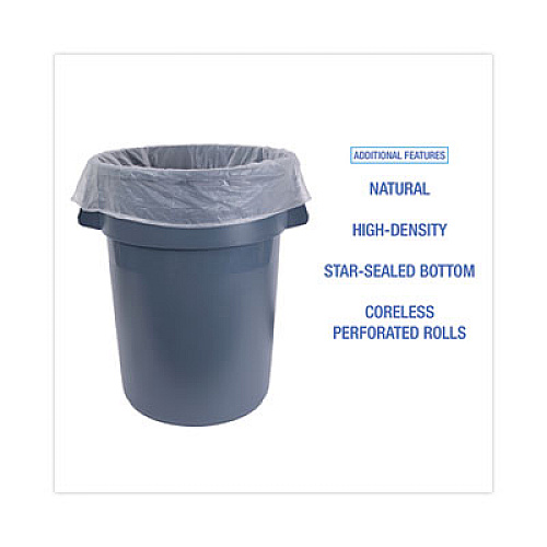 Boardwalk High Density Industrial Can Liners Coreless Rolls, 60 gal, 16 mic, 38" x 60", Natural, Perforated, 25 Bags/Roll, 8 Rolls/CT (RH3860S)