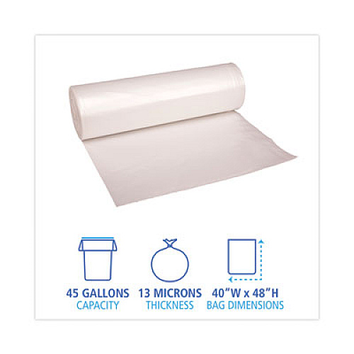 Boardwalk High Density Industrial Can Liners Coreless Rolls, 45 gal, 13 mic, 40" x 48", Natural, Perforated, 25 Bags/Roll, 10 Rolls/CT (RH4048H)