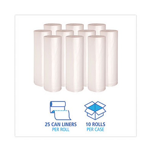 Boardwalk High Density Industrial Can Liners Coreless Rolls, 45 gal, 13 mic, 40" x 48", Natural, Perforated, 25 Bags/Roll, 10 Rolls/CT (RH4048H)