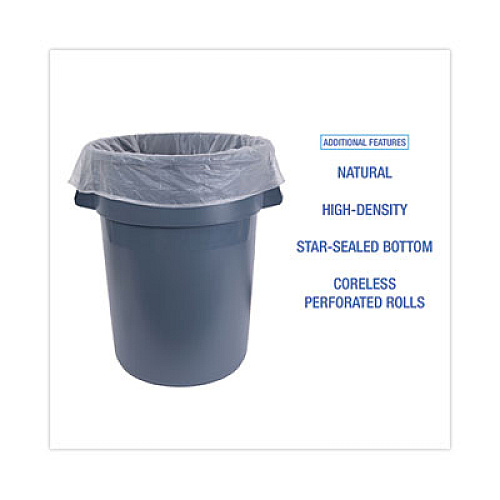 Boardwalk High Density Industrial Can Liners Coreless Rolls, 45 gal, 13 mic, 40" x 48", Natural, Perforated, 25 Bags/Roll, 10 Rolls/CT (RH4048H)