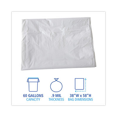 Boardwalk Linear Low Density Industrial Can Liners, 60 gal, 0.9 mil, 38" x 58", White, Flat Pack, 100/Carton (W3858X)