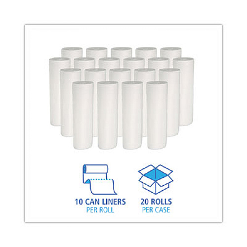 Boardwalk Low-Density Waste Can Liners, 30 gal, 0.5 mil, 30" x 36", White, Perforated Roll, 10 Bags/Roll, 20 Rolls/Carton (511)