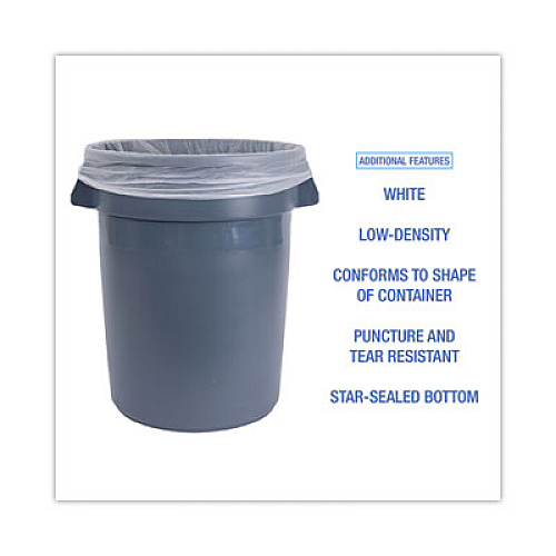 Boardwalk Low-Density Waste Can Liners, 30 gal, 0.5 mil, 30" x 36", White, Perforated Roll, 10 Bags/Roll, 20 Rolls/Carton (511)