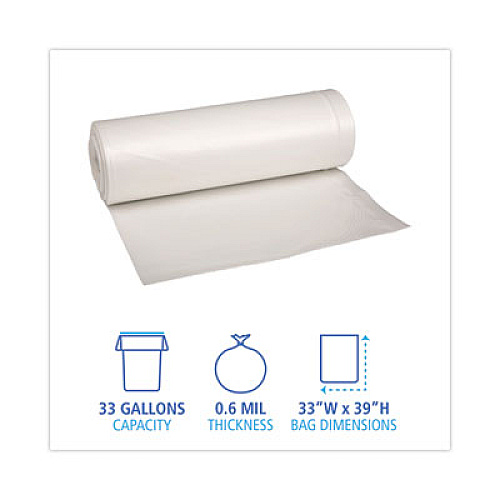 Boardwalk Low-Density Waste Can Liners, 33 gal, 0.6 mil, 33" x 39", White, Perforated Roll, 25 Bags/Roll, 6 Rolls/Carton (512)