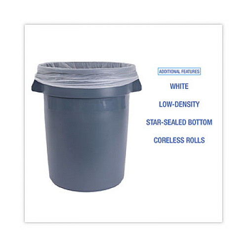 Boardwalk Low-Density Waste Can Liners, 33 gal, 0.6 mil, 33" x 39", White, Perforated Roll, 25 Bags/Roll, 6 Rolls/Carton (512)
