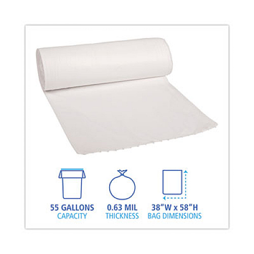 Boardwalk Low-Density Waste Can Liners, 60 gal, 0.5 mil, 38" x 58", White, Perforated Roll, 10 Bags/Roll, 10 Rolls/Carton (515)