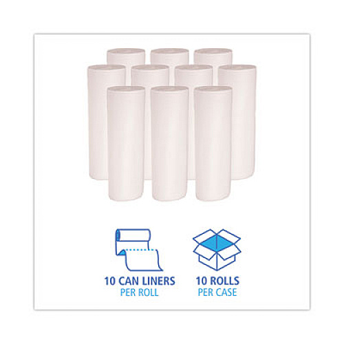Boardwalk Low-Density Waste Can Liners, 60 gal, 0.5 mil, 38" x 58", White, Perforated Roll, 10 Bags/Roll, 10 Rolls/Carton (515)