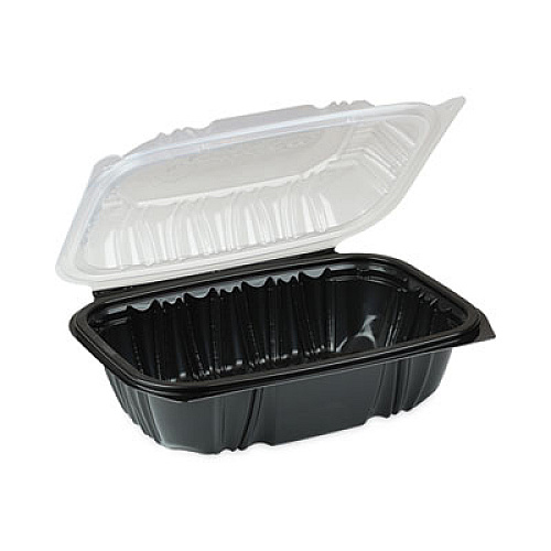 Pactiv Evergreen EarthChoice Vented Dual Color Microwavable Hinged Lid Container, 34 oz, 9 x 6 x 3.1, Black/Clear, Plastic, 140/Carton (DC961000B000)