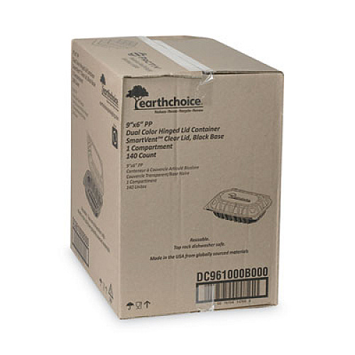 Pactiv Evergreen EarthChoice Vented Dual Color Microwavable Hinged Lid Container, 34 oz, 9 x 6 x 3.1, Black/Clear, Plastic, 140/Carton (DC961000B000)