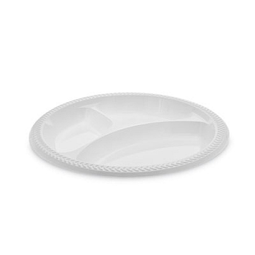 Pactiv Evergreen Meadoware Impact Plastic Dinnerware, 3-Compartment Plate, 10.25" dia, White, 500/Carton (MIC10Y)