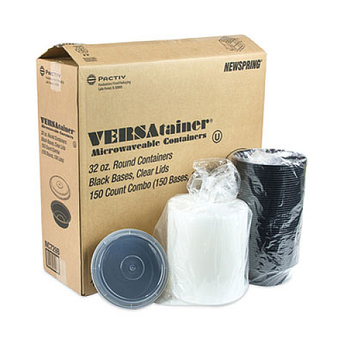 Pactiv Evergreen Newspring VERSAtainer Microwavable Containers, 32 oz, 7" Diameter x 2.25" h, Black/Clear, Plastic, 150/Carton (NC729B)
