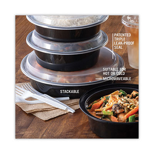 Pactiv Evergreen Newspring VERSAtainer Microwavable Containers, Vented Lid, 48 oz, 9" Diameter x 2.4"h, Black/Clear, Plastic, 150/Carton (NC948B)