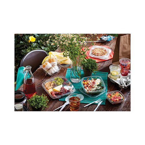 Pactiv Evergreen EarthChoice Recycled PET Container Lid, For 24 to 32 oz Container Bases, 7.37 x 7.37 x 0.83, Clear, Plastic, 300/Carton (SACLD07)